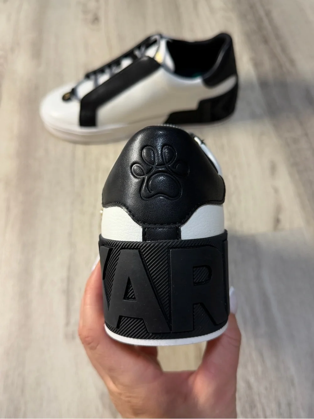 Karl Lagerfeld White and Black Sneakers with Gold and Pearl Cat Emblem